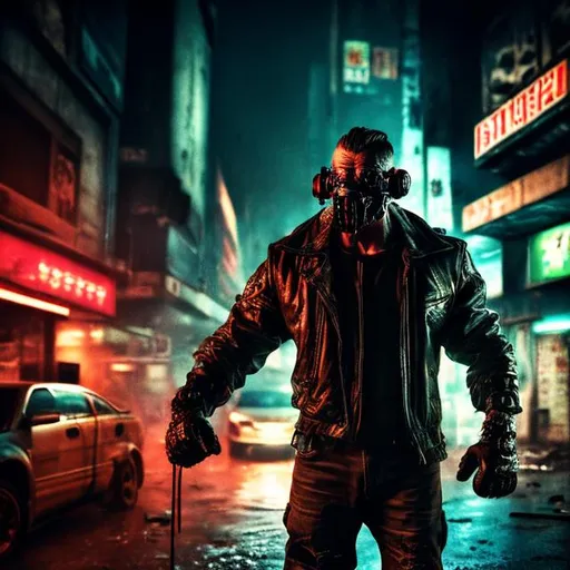 Prompt: Muscular Villain. Tattoos. Tough. paramilitary jacket. Slow exposure. Detailed. Dirty. Dark and gritty. Post-apocalyptic Neo Tokyo. Futuristic. Shadows. Sinister. Armed. Brutal. Intimidating. mask. Fanatic. Intense. Heavy rain. Neon lights in background. Explosion. Burning car in mid distance.  Explosive Detonator in hand.