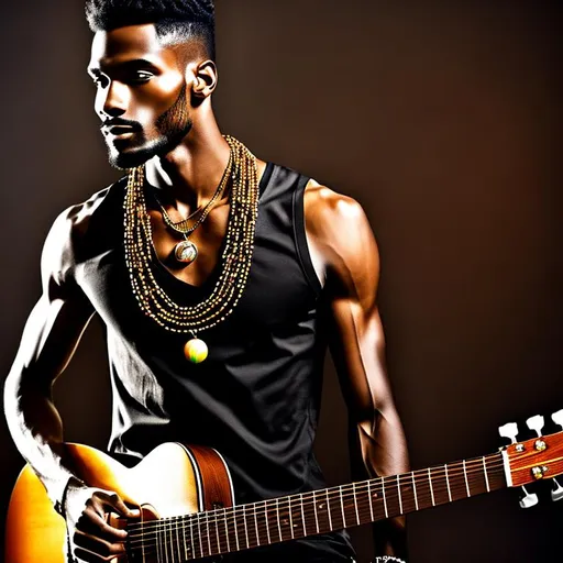 Prompt:  Tall athletic Beautiful hairless black man hairless face  ,standing next to a guitar,with big brown wooden beads necklace around his neck ,,realistic, super detailed, confident, 