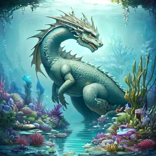 Prompt: Dreamy Anthropomorphic dragon female swims in ethereal underwater garden, otherworldly, magical, serene, peaceful, tranquil, realistic, intricate details, wonderland, vibrant, dreamy, surreal, mystical, whimsical, realistic, intricate details
