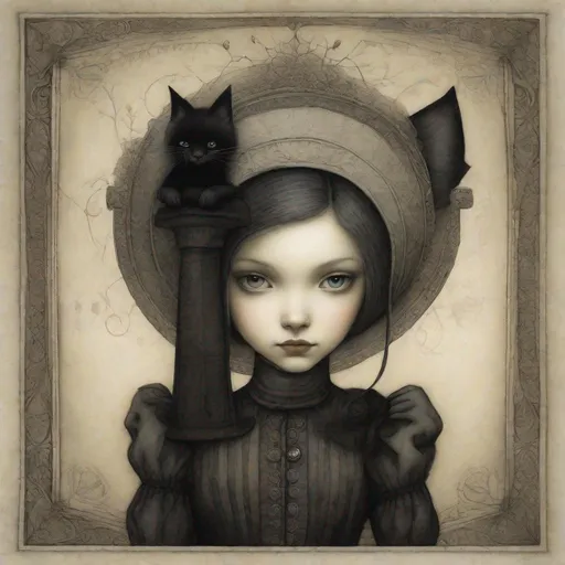 Prompt: Fine art etching portrait of a stylized cute girl and her black cat depicted style combination of Bill Carman, Nicoletta Ceccoli, Amy Earles and Abigail Larson, Grimdark, frontal facing portrait, extremely detailed, beautiful, Best quality, high definition.