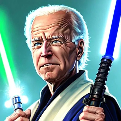 Prompt: zoomed in image of Joe Biden face as a Jedi. He has a lightsaber and USA robes.