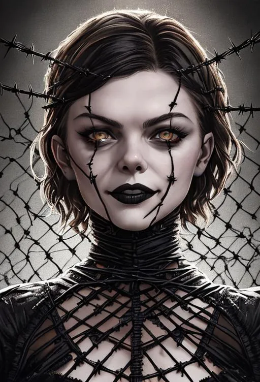 Prompt: Beautiful morbid woman wrapped in barbed wire, demented smile, Julia Voth Camren Bicondova, By Robert Ferri, By David Belliveau, hypermaximalist, 16k, Rtx Enabled, Oil painting, Gothic Macabre colors, dramatic lighting, Medium Close Up