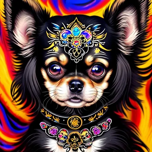 Prompt: Inky Epic Beautiful Liquid (Beautiful playful {Furry!! Sugarskull Chihuahua Dog}Puppy plasma, Beautiful big reflective eyes, long flowing hair), expansive psychedelic background, ultra detailed full body artistic photography, detailed rugged Gorgeous detailed face, shadows, oil on canvas, brush strokes, ultra sharp focus, ominous, matte painting movie poster, golden ratio, epic, intricate, cinematic character render, hyper realistic, 64K --s98500