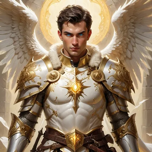 Prompt: create an image of a Dnd paladin. the race will be Aasimar and he will be 5.7 foot tall his skin will glow a pale white light in contrast  dark hair and blue eyes from his back angelic wings if radiant light protrude and we will be wearing plate mail  made of mithril steel with gold inlays  with the rising sun emblazoned on his chest  and and wielding a fiery mace in one hand and a tall shield in the other with and silver dragon crest on the shield 
