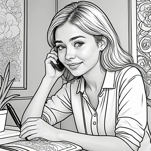 Prompt: generate colouring book for adults, cartoon style, thick lines, low detail, no shading, -- ar 9:11 upbeat vibe, high quality, printable, stress-relief, relaxing activity, confidently,  the lady is receiving a call from her iphone
