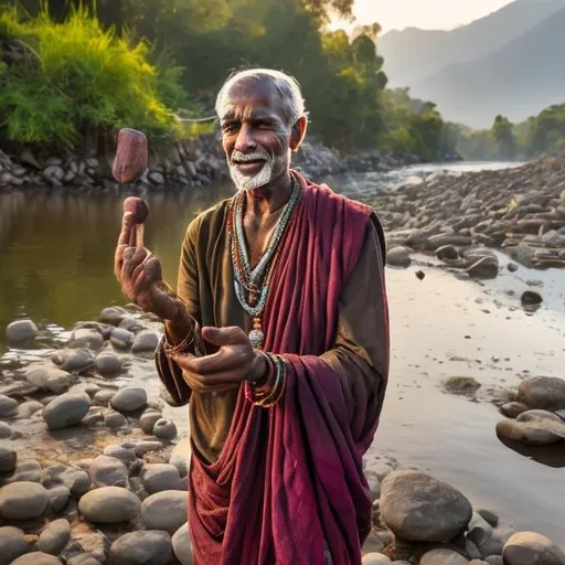 Prompt: A man holding stones and gems expresses the joy of life, standing on a riverside
