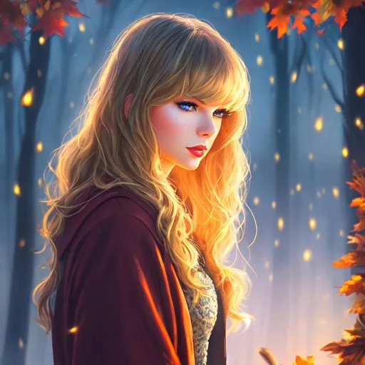 Prompt: a woman who looks like Taylor Swift, adventurer, autumn, nighttime, soft light, art, painting, sweet, fireflies, vaporwave