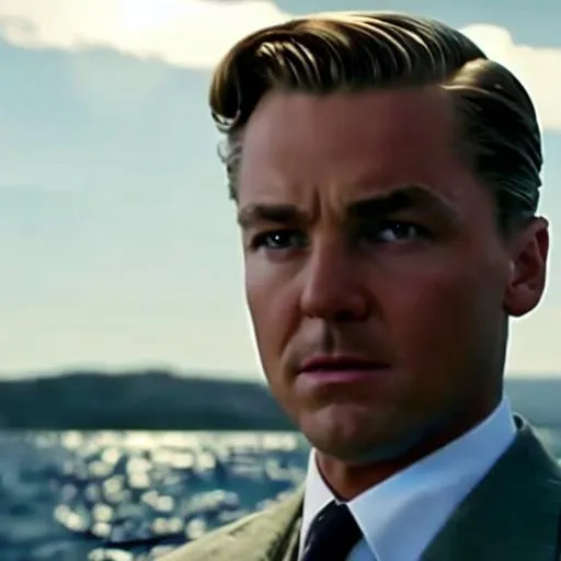 Prompt: ((Cinematic high quality)) ((portrait masterpiece photo)) Gatsby standing on dock reaching his hand out, green light on the horizon