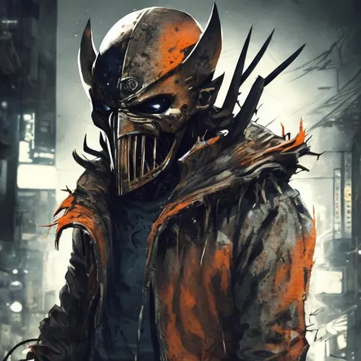 Prompt: Redesigned Gritty Very dark navy blue, gold and dark orange evil phantom-wolverine. Injured. Bloody. Hurt. Damaged mask. Accurate. realistic. evil eyes. Slow exposure. Detailed. Dirty. Dark and gritty. Post-apocalyptic Neo Tokyo. Futuristic. Shadows. Sinister. Armed. Fanatic. Intense. 