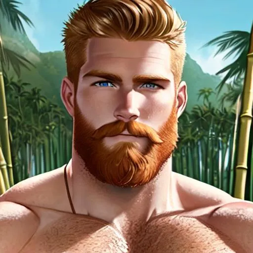 Prompt: cinematic, photo-realistic, portrait of a ruggedly handsome  blonde, red-bearded muscular swimmer on the beach at noon with a bamboo forest in the distant background, His facial features are model perfect and detailed He looks like an authentic real man, his face is accurately realized as if he was photographed. He wears teal green speedo swim briefs