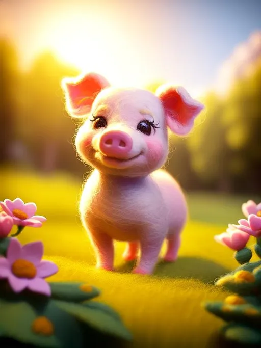 Prompt: Disney Pixar style needle felted cute piglet, highly detailed, fluffy, intricate, big eyes, adorable, beautiful, soft dramatic lighting, light shafts, radiant, ultra high quality octane render, daytime forest background, field of flowers, bokeh, hypermaximalist