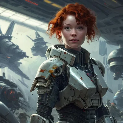 Prompt: Oil painting of a woman with short red hair tied back, pretty face, in massive bulky powered combat
battle armor with the pilot chest 
compartment open, standing in a futuristic hangar bay. perfect composition, hype realistic, super detailed, 8k, high quality, trending art, trending on artstation, sharp focus, studio photo, intricate details, highly detailed, by greg rutkowski