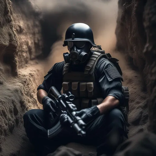 Prompt: A depression modern roman military male in black military roman armor, and gas mask, sitting in trench, violent war, background bunker, shooting guns, Hyperrealistic, sharp focus, Professional, UHD, HDR, 8K, Render, electronic, dramatic, vivid, pressure, stress, traumatic, dark.