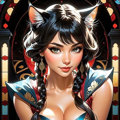 Prompt: Cat Eyes big fluffy cat Ears braided hair woman Cat Eyes cat, cute smile on face, mail art, fantasy, fairytale, detailed splatter ink, dynamic poster, comic style art, black colors, saint praying, closed eyes, POV from front, perfect beauty, light from above, detail face, massive chest, dress, red lips are full, long-cream hairstyle, big chest, anime, mysterious, clear, smooth and gorgeous, (background: in front altar), calm expression, mysterious, dynamic pose, light on face, shadow play, perfect face, sharp glowing perfect eyes, by James Jean, Craola, Andy Kehoe, Dorian Vallejo, Damian Lechoszest, Todd Lockwood, patchwork, stained glass,  storybook illustration, highly detailed unusual  beautiful details, intricate pose, tiny details, masterpiece, high quality, intricate lighting, luminism, 
Artgerm, Greg rutkowski, Alphonse Mucha, Award Winning Work, face looks like Madison Beer, very tan, outer glowing with light, dark themed background, upper chest is on display