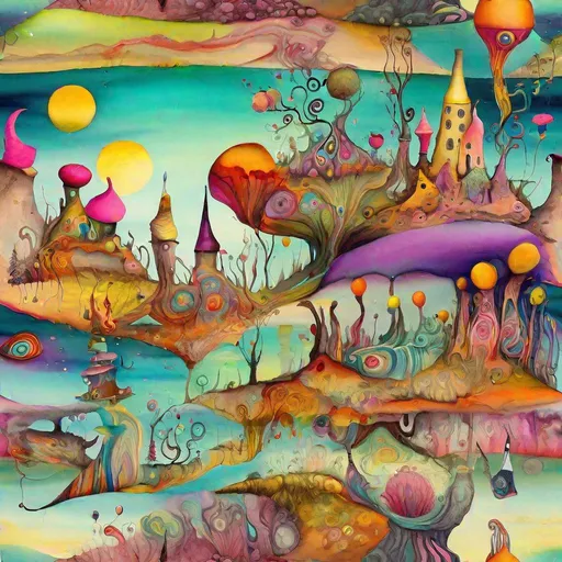 Prompt: surreal landscape with a touch of whimsy? a fantastical world with vibrant, surreal colors and a sense of playfulness. The landscape is filled with strange creatures, oversized objects, and impossible architecture. The environment is dreamlike, with a sense of wonder and magic. The mood is light and joyful, with a feeling of childlike awe. The medium is mixed media, with elements of both painting and digital art. Techniques such as collage and layering will be used to create a sense of depth and texture. inspiration Salvador Dali, Rene Magritte, and the surrealist movement.