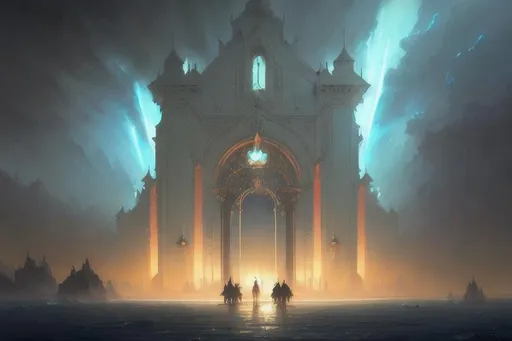 Prompt: 'cinematic shot'' of gates to heaven, full detailed, 8 k, realistic, atmospheric, style by ivan aivazovsky, peter mohrbacher, greg rutkowski, volumetric light effect, broad light, oil painting, painting fantasy art, sci - fi, realism, premium prints, unreal engine