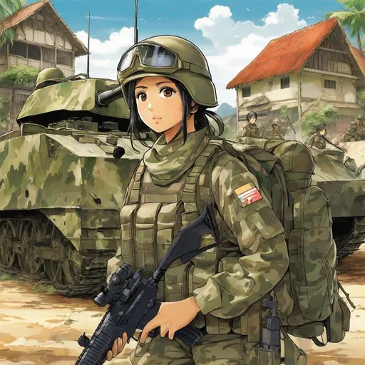 Prompt: anime art, athletic young Indonesian woman, 25 year old, (round face, high cheekbones, almond-shaped brown eyes, epicanthic fold, small delicate nose), soldier, ((camouflage fatigues)), body armor, army helmet, (scenery deserted tropical village, destroyed vehicles), Japanese manga, Pixiv, Fantia