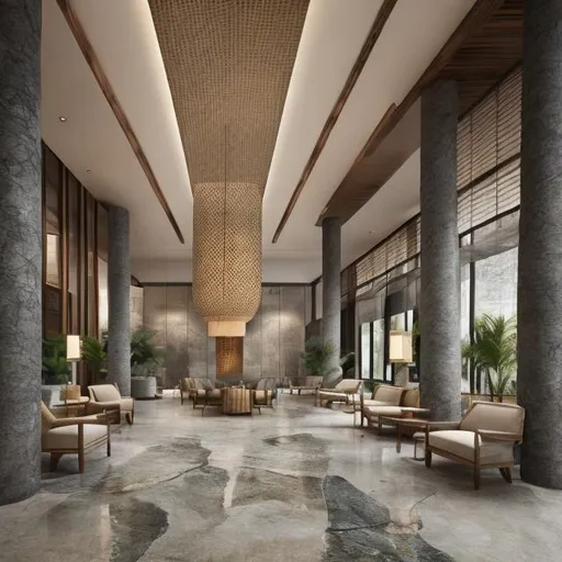 Prompt: interior design, hotel lobby extra large 

nature minimalist theme, natural textured stone floor, patterned textured natural linen covered armchairs, water textured  columns and water textured art work asian influence 

more rustic 


copy sketch
  