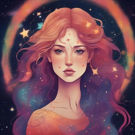 Prompt: Colorful and beautiful Persephone with hair that is made out of the stars and constellations