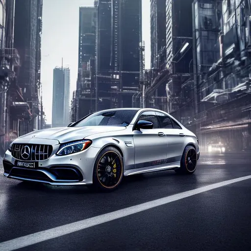 Prompt: 2020 Mercedes AMG c63 s, photoshoot  in a futuristic city