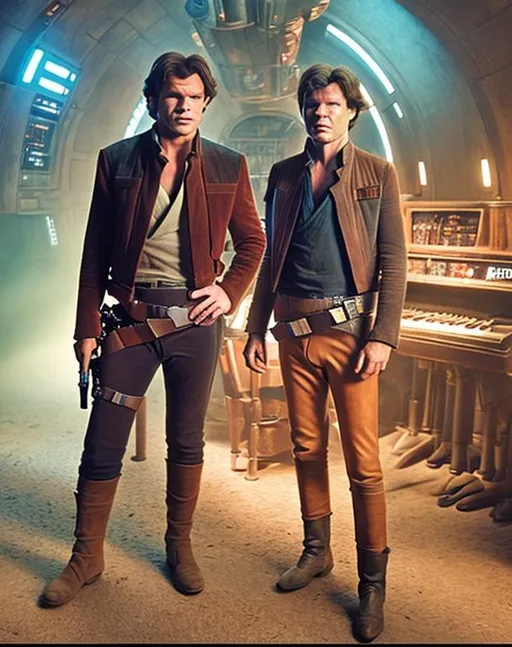 Prompt: Han Solo playing a Piano in a cantina bar while wearing classic clothing 