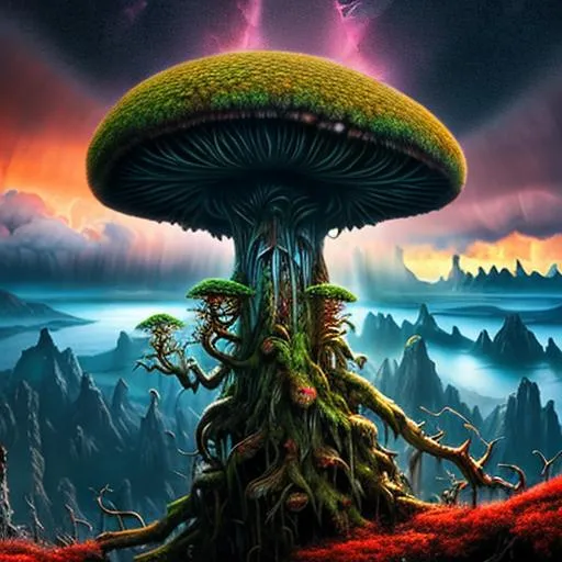 Prompt: long shot scenic professional photograph of an ancient fungal forest, perfect viewpoint, highly detailed, wide-angle lens, hyper realistic, with dramatic sky, polarizing filter, natural lighting, vivid colors, everything in sharp focus, HDR, UHD, 4k