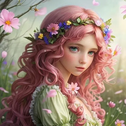 Prompt: a youngfairy goddess of spring, very curlsy hair, pink glow,  wildflowers, vivid colors, closeup