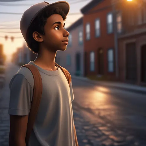 Prompt: Pinocchio tall nose, on brown skin person, small eyes, standing in an old neighborhood alley, sunset wether, 20 years old guy, wearing gray T shirt, photorealistic 