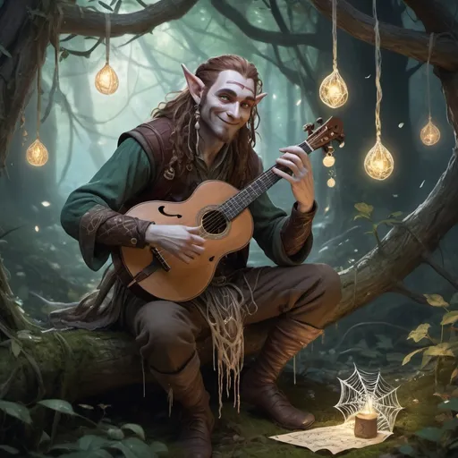 Prompt: Firbolg bard playing a spider silk loot, mystical forest setting, intricate spiderweb patterns on the loot, magical musical notes floating around, ethereal lighting, high quality, fantasy, mystical, detailed facial features, natural color tones