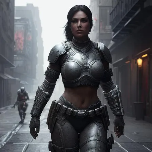 Prompt: Ultrarealistic 8 to 10 foot detailed women with grey skin space armor and bloody space weapon, ,with the dark gritty vibes of gears of wars in a midnight new york city foggy atmosphere, backstreet rendered in Unreal Engine 5 with the aspect ratio for youtube