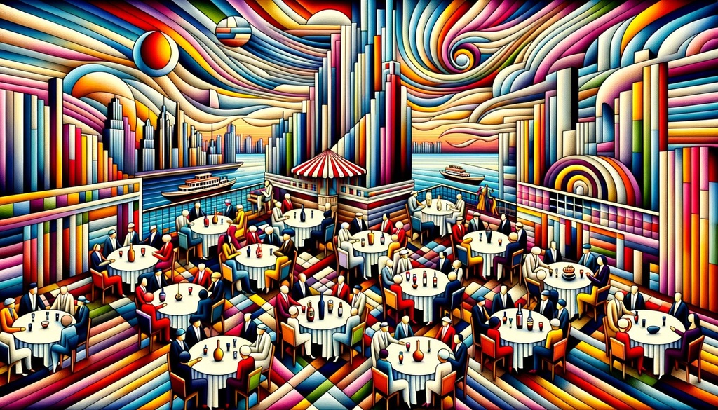 Prompt: a colorful painting of several people in an imaginary restaurant, in the style of digital constructivism, dayak art, whimsical skyline, striped arrangements, ps1 graphics, bryce 3d, yoruba art