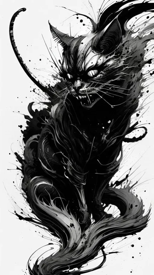 Prompt: Demon Cat negative black and white Speedpaint with large brush strokes by , Junji Ito, Ismail Inceoglu, , Gazelli, M.W. Kaluta, richard anderson, paint splatter, white ink, a masterpiece, 8k resolution, trending on artstation, horror, terrifying, highly detailed and intricate