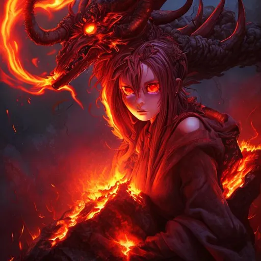 Prompt: hellish, humanoid, girl, anime, hyper realistic, flames, floating over a volcano, fire magic, horns, mysterious, evil, eggplant