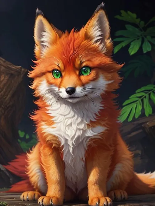Prompt: (remove tail:1.4), masterpiece, professional oil painting, epic digital art, 64k, best quality, tiny scarlet ((fox kit)), (canine quadruped), fire elemental, silky golden-red fur, highly detailed fur, timid, ((insanely detailed alert emerald green eyes, sharp focus eyes)), sharp details, gorgeous 8k eyes, insanely beautiful, extremely beautiful, fluffy glistening gold neck ruff, energetic, two tails, (plump), fluffy chest, enchanted, magical, finely detailed fur, hyper detailed fur, (soft silky insanely detailed fur), presenting magical jewel, beaming sunlight, lying in flowery meadow, professional, symmetric, golden ratio, unreal engine, depth, volumetric lighting, rich oil medium, (brilliant dawn), full body focus, beautifully detailed background, cinematic, 64K, UHD, intricate detail, high quality, high detail, masterpiece, intricate facial detail, high quality, detailed face, intricate quality, intricate eye detail, highly detailed, high resolution scan, intricate detailed, highly detailed face, very detailed, high resolution
