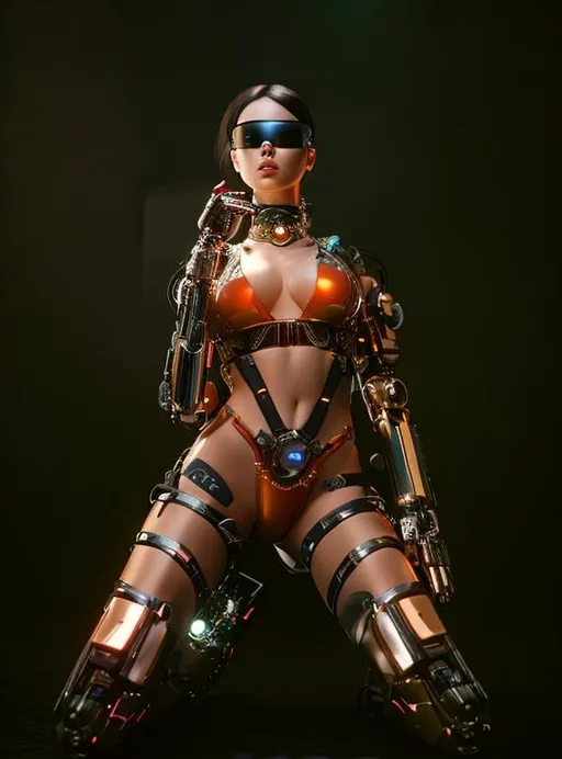 Prompt: ((best quality)), ((masterpiece)), ((realistic)), (detailed) illustration photographic , a sci-fi character in a latex bikini, with robotic limbs, in a cyberpunk setting, cyborg, implants, high details, realistic, photorealism, 8k, perfect composition, hd octane render ,high resolution scan, masterpiece, hyperrealism, delicate detailed complex, highly detailed, intricate detailed, volumetric lighting, light reflection, highly detailed concept art, trending on artstation, vivid colors,
(((close up face shoot))), dim lights, 8k uhd, realistic, Nikon z9, raytracing, focus face, (sharpness:2. 0)