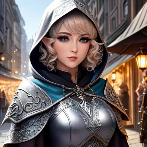 Prompt: female elf,  detailed face, detailed eyes, full eyelashes, ultra detailed accessories, Wearing a tunic, bag on back and light armor, hooded cloak, short hair, curly hair, dnd, artwork, city background