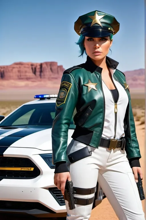 Prompt: Futuristic female sheriff with olive skin, square face, green eyes, auburn-blue hair, wearing a black shirt, white leather bomber jacket with gold badge, black slacks and boots, black officer's hat, standing in front of a black and white police hover-car, desert landscape, holstered laser pistol, grim expression, daylight, sunny, high-res, pro photo, dramatic pose, cinematic style, sci-fi, high quality, high detail, futuristic law enforcement theme