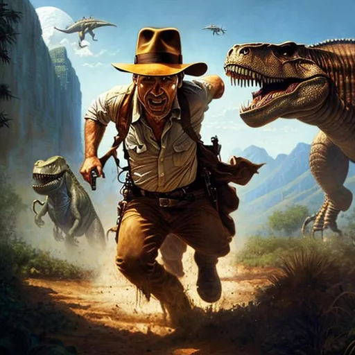 Prompt: ultra realistic illustration, Harrison Ford Indiana Jones being chased by a T-Rex, intricate, highly accurate Harrison Ford face, elegant, highly detailed, digital painting, artstation, concept art, smooth, sharp focus, illustration, art by artgerm and greg rutkowski and drew struzan