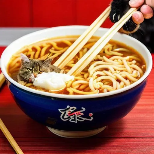 Prompt: cat holding a pair of chop sticks eating a bowl of ramen with a human arm sticking out of the bowl, in the night streets of japan