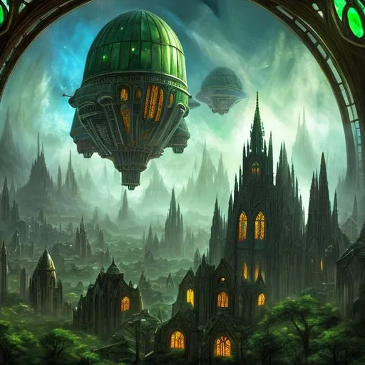 Prompt: fantasy art style, biological, outer space, green house, jets, jet engine, mechanical, robotic, windows, stained glass, stained glass windows, monasteries, cathedral, giant, green windows, green lights, plane, planes, blimp, flying, floating, drone, spacecraft, spaceship, tall, giant, tower, towers, wings, engines, fans, aircraft, green boat, warship, naval ship, aliens, future, futuristic, flying, space travel