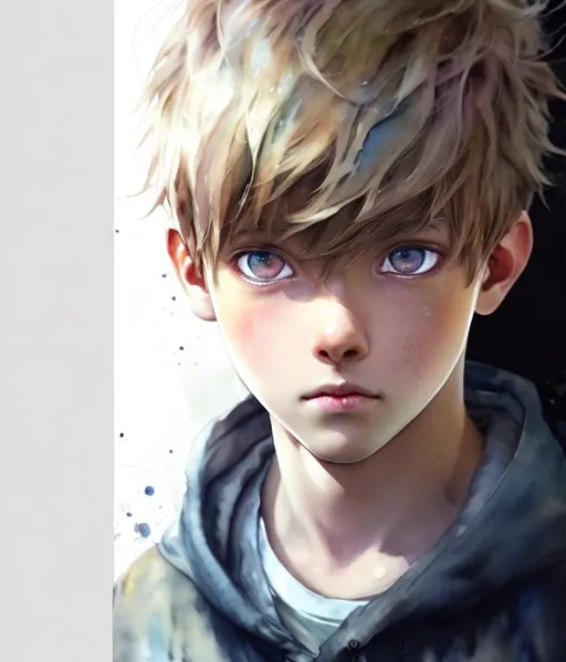 Prompt: 1 boy, hyper realistic watercolor masterpiece, full body, 16 years old handsome, pretty, anime boy, pastel eyes, copper hair, tan hyperrealistic watercolor masterpiece, smooth soft skin, tan skin, big mischievous eyes, symmetrical, anime wide eyes, soft lighting, detailed face, wlop, rossdraws, concept art, digital painting, looking into camera, wavy hair, short hair, orange hair, smirk, sweater, hoodie hyper realistic masterpiece, highly contrast water color mix, sharp focus, digital painting, pastel mix art, digital art, clean art, professional, contrast color, contrast, colorful, rich deep color, studio lighting, dynamic light, deliberate, concept art, highly contrast light, strong back light, hyper detailed, super detailed, render, CGI winning award, hyper realistic, ultra realistic, UHD, HDR, 64K, RPG, inspired by wlop, UHD render, HDR render