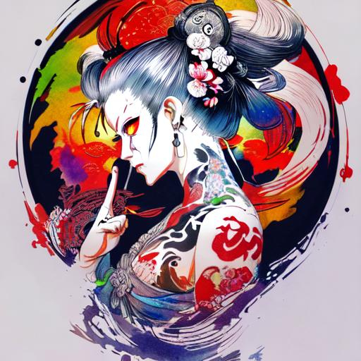 very colorful art of japanese style tattoo, foo dog,