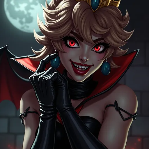 Prompt: princess peach get bitten by a vampire bat and start turning into a vampire her eyes turn red her gloves are not patten leather black   and she has on a vampire cape with collar up get dress is short to show off her new thigh high heel boots you see her showing off her fangs