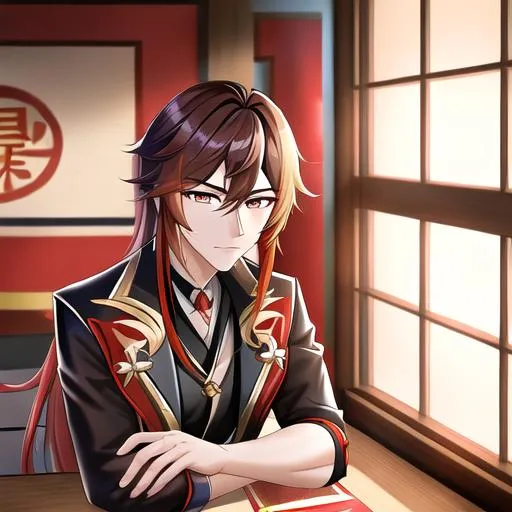 Prompt: Genshin impact character,Zhongli,Male,long hair,Short hair,serious,highly detailed 64k realistic ♦️ golden dragon eyes,brown Hair,golden eyes,wearing his usual clothes,Brown and golden Clothes,Adult,professional,sitting In old chinese Restaurants ,cinematic,polaroid,sun rays coming through windows,,HDR,UHD,64K,highly detailed,Realistic,highly detailed hand and fingers