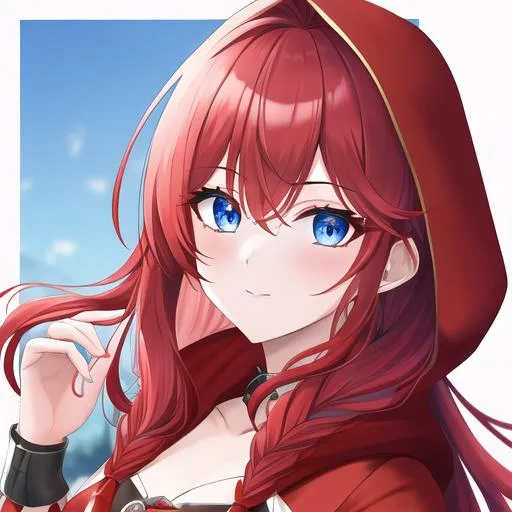 Prompt: Haley 1female (braided red hair pulled back, lively blue eyes), highly detailed face, 8K, UHD, wearing a red riding hood outfit