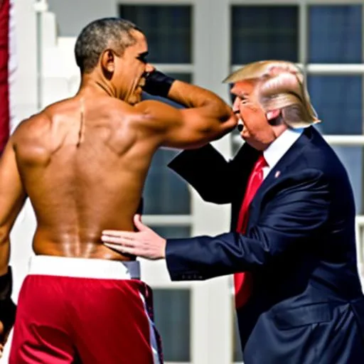 Prompt: president Barack Obama punching Trump in the face. Obama is a  giga chad without a shirt looking good with amazing muscles and a big grin and full body zoomed out



