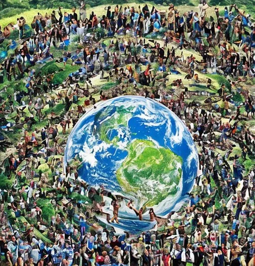 Prompt: new peaceful world order, people standing together, everyone gets basic needs, earth is healing, forests and oceans return to health, humans live in peace with nature