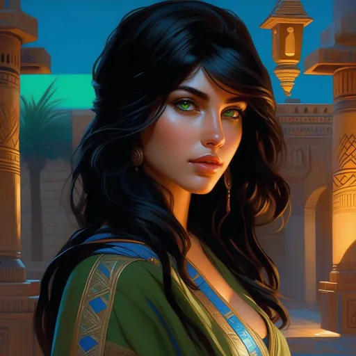 Prompt: Third person, gameplay, ancient Babylonian girl, pale olive skin, black hair, green eyes, blue atmosphere, Babylon at night, cartoony style, extremely detailed painting by Greg Rutkowski and by Henry Justice Ford and by Steve Henderson 
