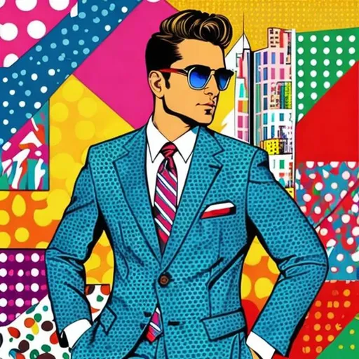 Prompt: pop art of man wearing camo business suit standing in city, In pop art, material is sometimes visually removed from its known context, isolated, or combined with unrelated material,bright colors,