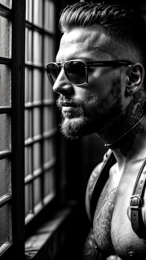 Prompt: Sensual, tattooed, shirtless, rustic  man from a random country, wearing sunglasses and a intricate leather harness, in an abandoned place near a window, cinematic, close-up portrait, grayscale, hyperrealistic, hyperdetailed, ambient light, perfect composition, provocative, textured skin, high contrast, profile portrait, ultra HD.